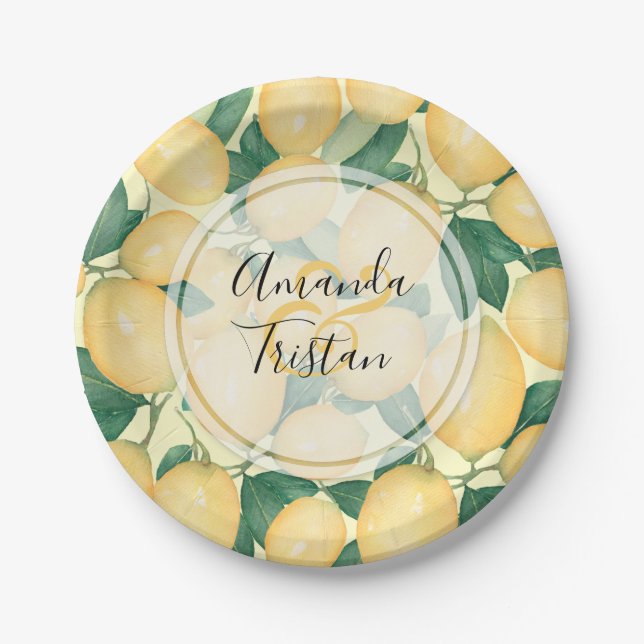 Watercolor Lemons Greenery Personalized Paper Plates (Front)