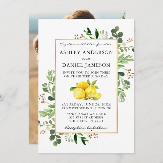 Watercolor Lemons Greenery Photo Back Wedding Invitation (Front/Back)