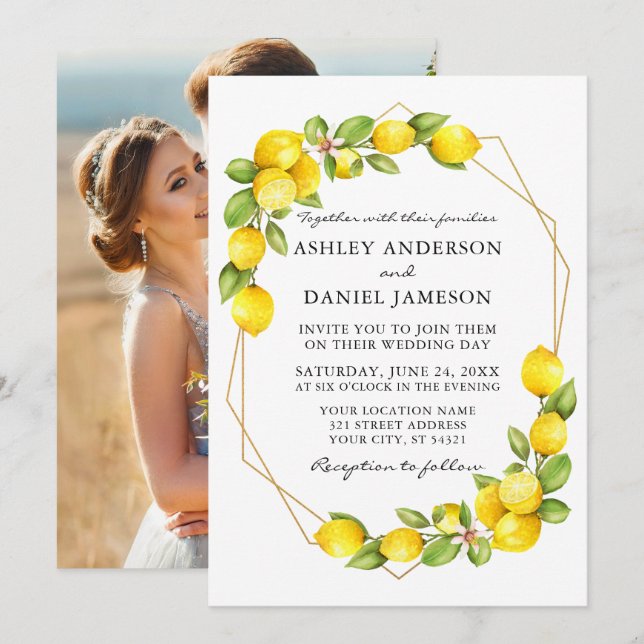 Watercolor Lemons Greenery Photo Geo Frame Wedding Invitation (Front/Back)