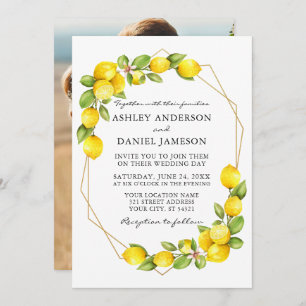 Watercolor Lemons Greenery Photo Geo Frame Wedding Invitation