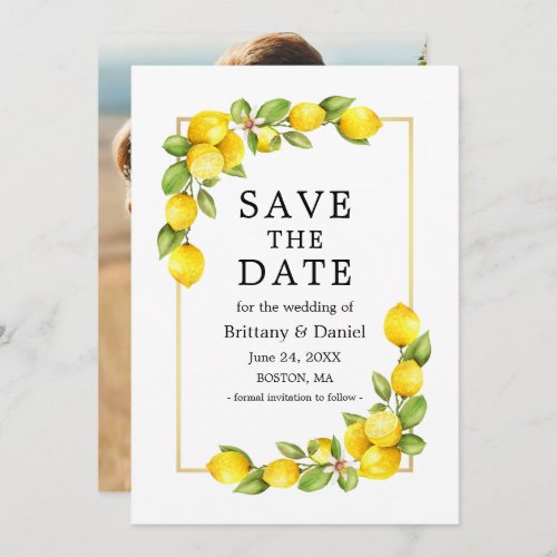 Watercolor Lemons Greenery Photo Gold Frame Save The Date