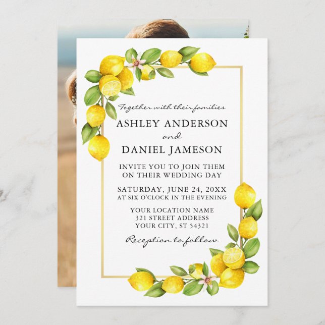 Watercolor Lemons Greenery Photo Gold Wedding Invitation (Front/Back)
