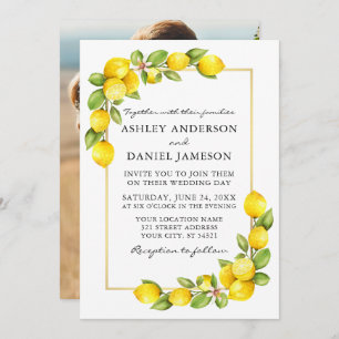 Watercolor Lemons Greenery Photo Gold Wedding Invitation