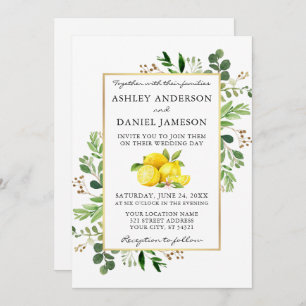 Watercolor Lemons Greenery Photo Wedding Invitation