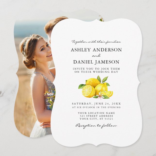 Watercolor Lemons Greenery Photo Wedding Invitation (Front/Back)