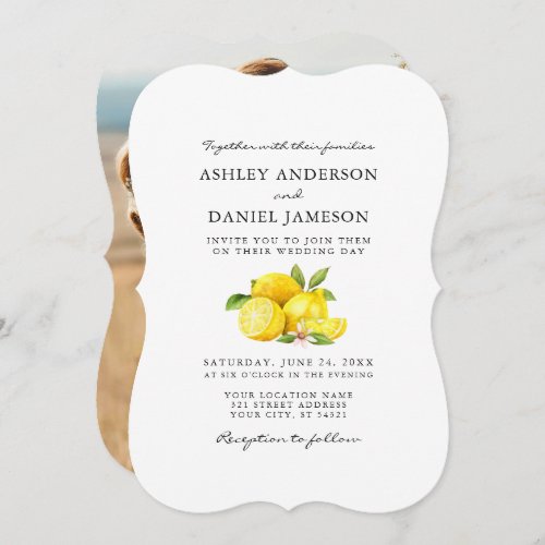Watercolor Lemons Greenery Photo Wedding Invitation