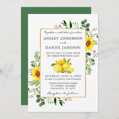 Watercolor Lemons Greenery Sunflowers Wedding Invitation