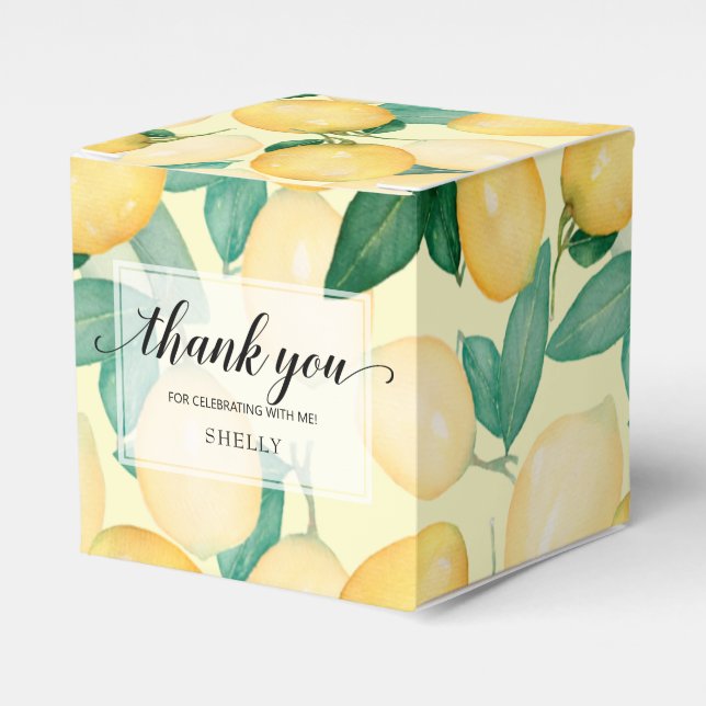 Watercolor Lemons Greenery Thank You Favor Boxes (Front Side)