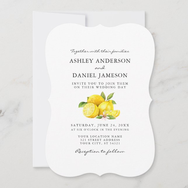 Watercolor Lemons Greenery Wedding Bracket Invitation (Front)
