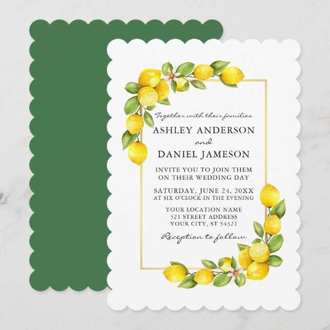Watercolor Lemons Greenery Wedding Green Invitation (Front/Back)