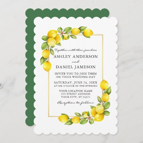 Watercolor Lemons Greenery Wedding Green Invitation