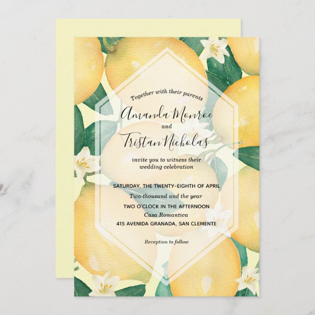 Watercolor Lemons Greenery Wedding Invitations (Front/Back)