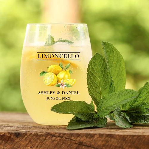 Watercolor Lemons Greenery Wedding Limoncello Stemless Wine Glass