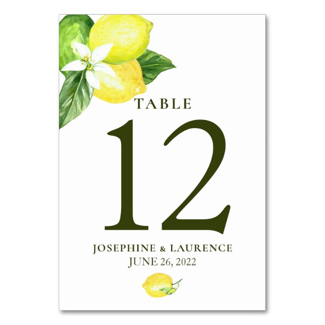 Watercolor Lemons Greenery Wedding Table Number (Front)