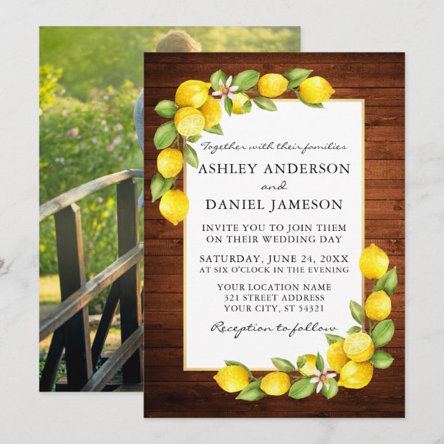 Watercolor Lemons Greenery Wood Photo Wedding Invitation (Front/Back)