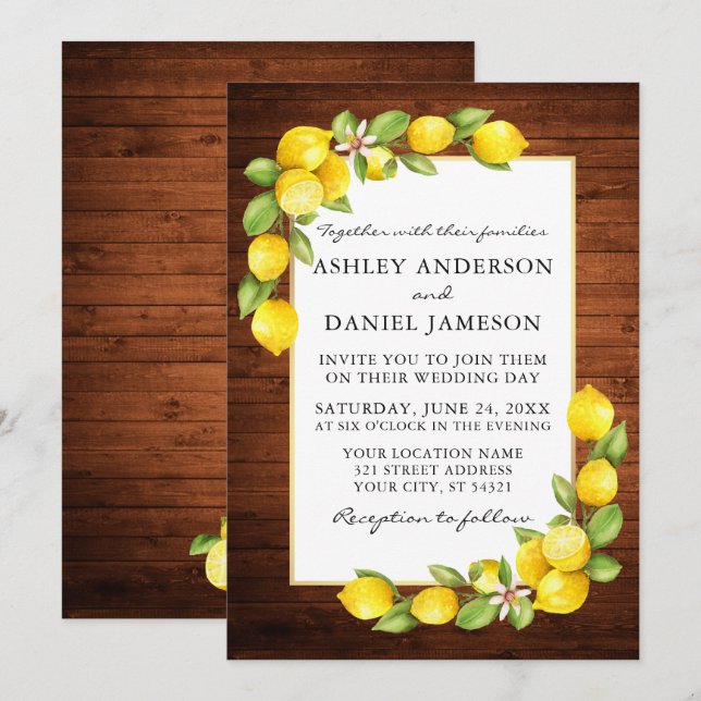 Watercolor Lemons Greenery Wood Wedding Invitation (Front/Back)