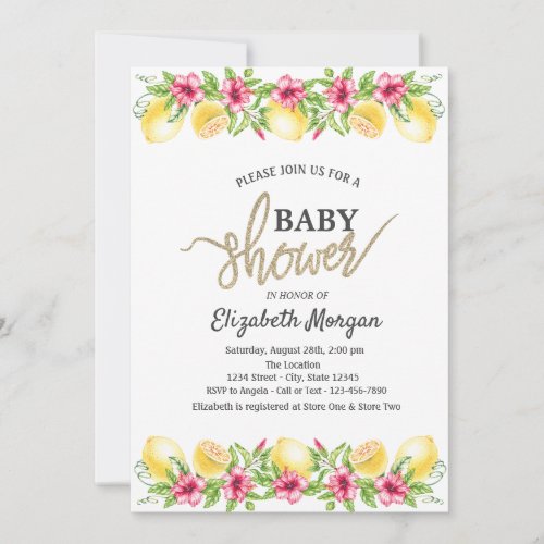  Watercolor Lemons Hibiscus Botanical Baby Shower Invitation