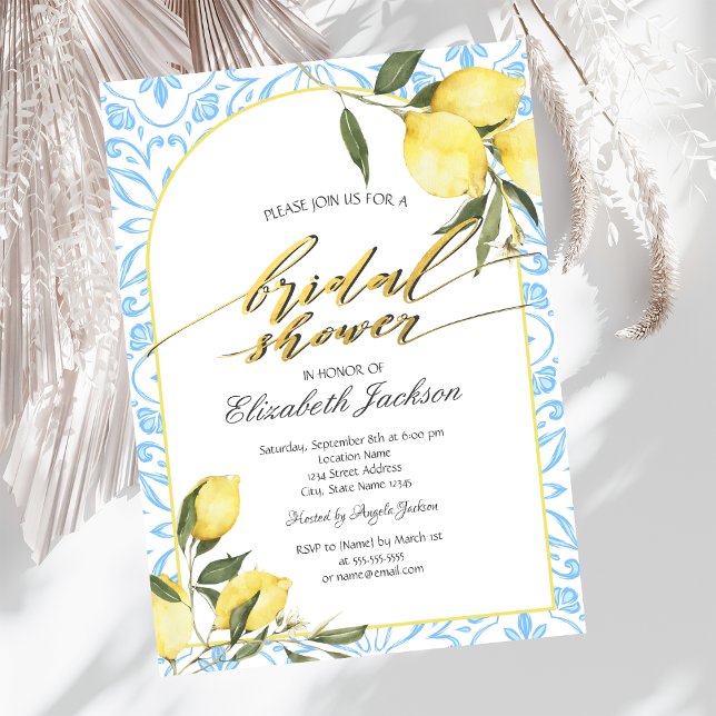 Watercolor Lemons Italian Blue Bridal Shower  Invitation (Creator Uploaded)