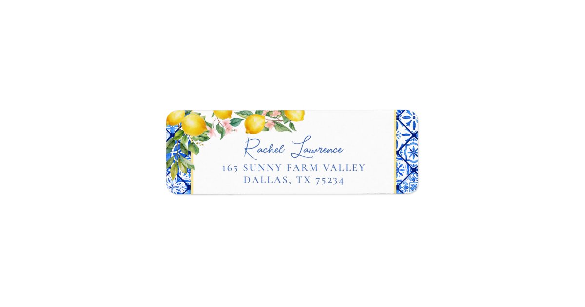 Watercolor Lemons Italian Blue Tile Return Address Label | Zazzle