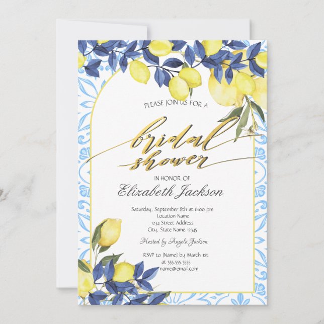 Watercolor Lemons Italian Blue Tiles Bridal Shower Invitation (Front)