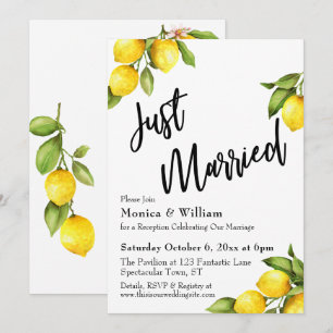 Watercolor Lemons Just Married Typography Invitation