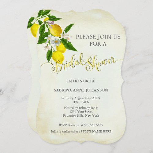 Watercolor Lemons  Leaves Bridal Shower Invitation