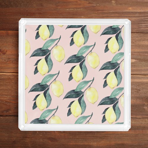 Watercolor Lemons  Leaves Yellow Seamless Pattern Acrylic Tray