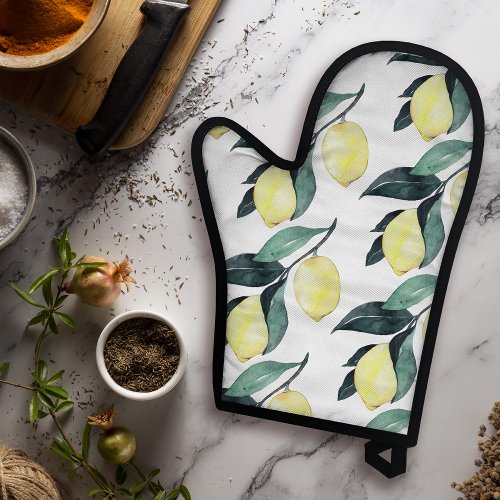 Watercolor Lemons  Leaves Yellow Seamless Pattern Oven Mitt  Pot Holder Set