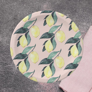 Watercolor Lemons & Leaves Yellow Seamless Pattern Paper Plates