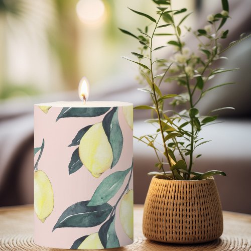 Watercolor Lemons  Leaves Yellow Seamless Pattern Pillar Candle