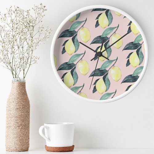 Watercolor Lemons  Leaves Yellow Seamless Pattern Round Clock