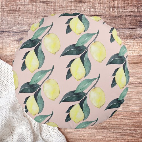 Watercolor Lemons  Leaves Yellow Seamless Pattern Round Pillow
