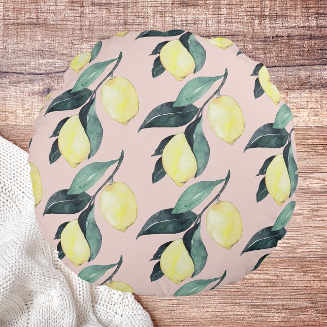 Watercolor Lemons & Leaves Yellow Seamless Pattern Round Pillow (Creator Uploaded)