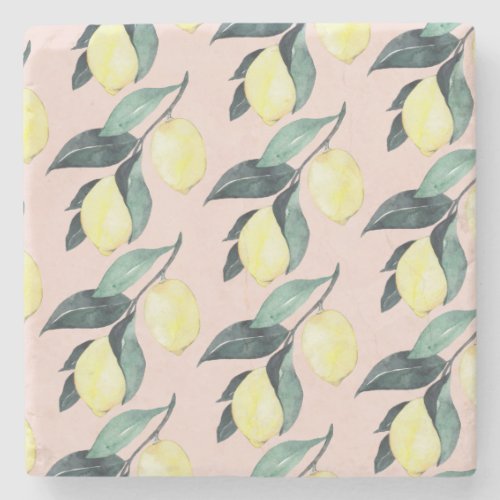 Watercolor Lemons  Leaves Yellow Seamless Pattern Stone Coaster