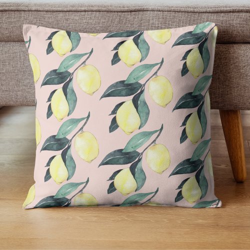 Watercolor Lemons  Leaves Yellow Seamless Pattern Throw Pillow