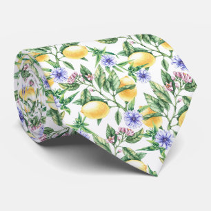 Watercolor Lemons, Lemon Blossom and Cornflowers Neck Tie