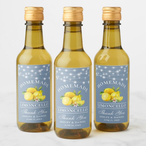 Watercolor Lemons Lights Dusty Blue Mini Bottle Wine Label