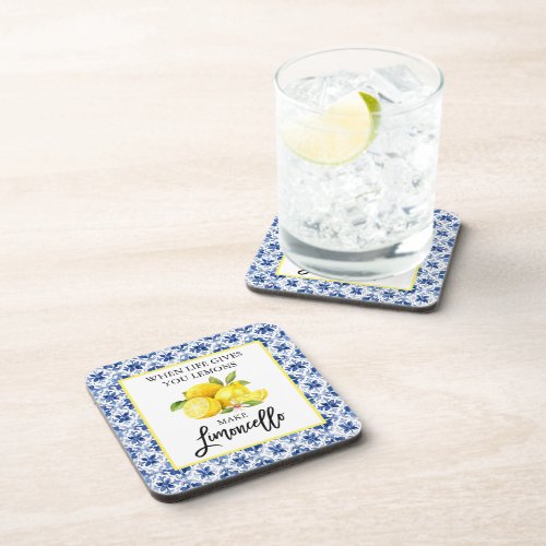 Watercolor Lemons Limoncello Blue Tile Beverage Coaster