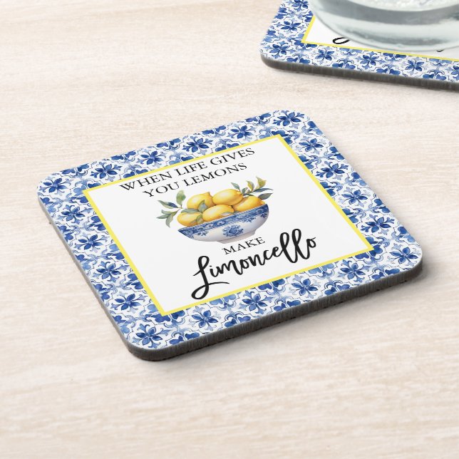 Watercolor Lemons Limoncello Blue Tiles Beverage Coaster (Left Side)