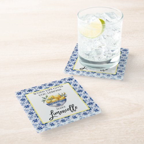 Watercolor Lemons Limoncello Blue Tiles Glass Coaster