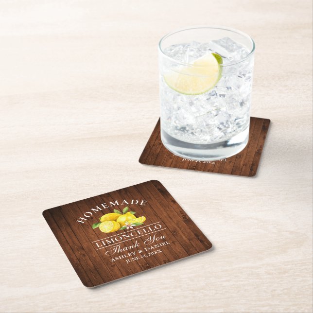 Watercolor Lemons Limoncello Wedding Faux Wood Square Paper Coaster (Insitu)