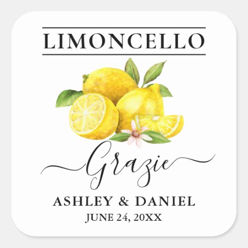 Watercolor Lemons Limoncello Wedding Grazie Square Sticker