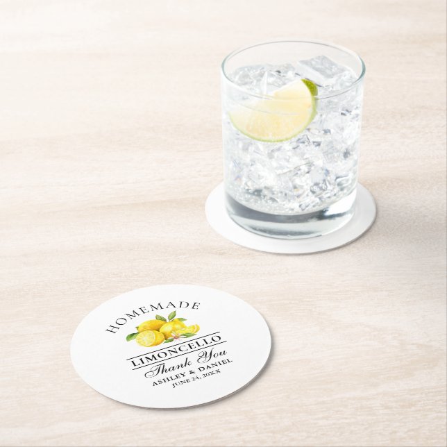 Watercolor Lemons Limoncello Wedding Round Paper Coaster (Insitu)