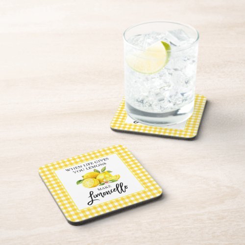 Watercolor Lemons Limoncello Yellow Gingham Beverage Coaster