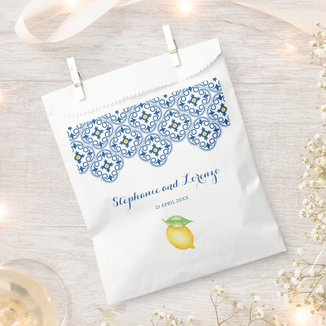Watercolor Lemons Mediterranean Tile Blue Wedding Favor Bag (Clipped)