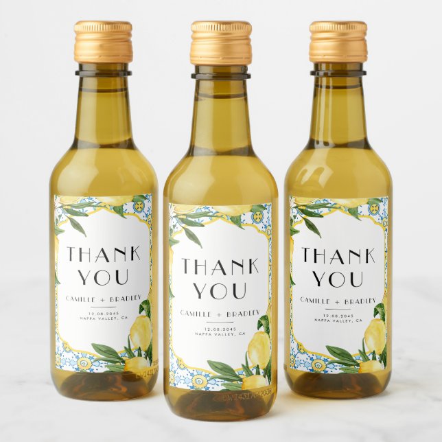 Watercolor Lemons Mediterranean Wedding Thank You Wine Label (Bottles)