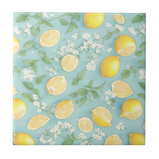 Watercolor Lemons - Mint Lemon Pattern Ceramic Tile (Front)