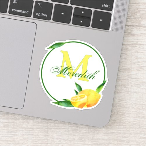 Watercolor Lemons Monogram  Name Green  Yellow Sticker