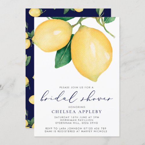 Watercolor Lemons  Navy Bridal Shower Invitation