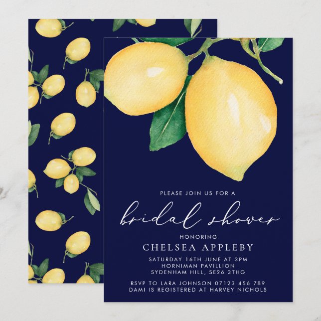 Watercolor Lemons & Navy Bridal Shower Invitation (Front/Back)